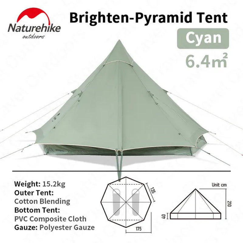 Cotton Pyramid Tent Brighten 6.4㎡ 3-4 Person Breathable Waterproof 1000Mm Windproof Outdoor Camping Travel 15.2Kg