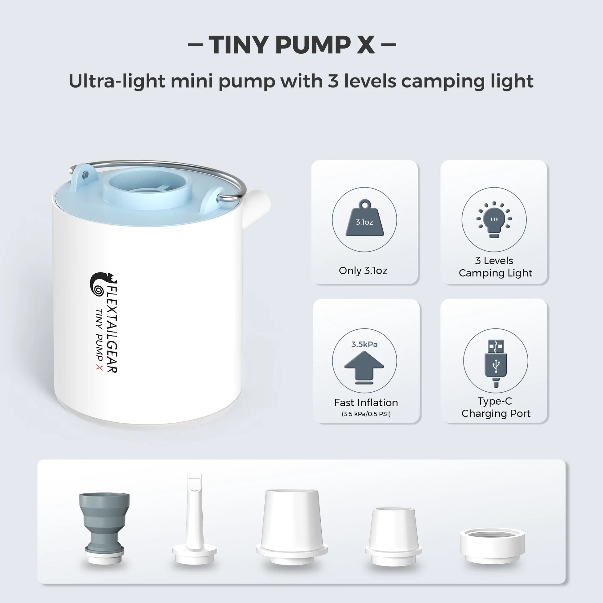 TINY PUMP X - Portable Electric Air Pump with Camping Light Rechargeable for Pool Floats Air Mattress Vacuum Bags