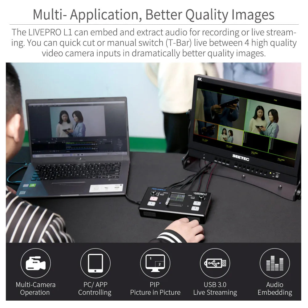 FEELWORLD LIVEPRO L1 V1 Live Streaming Video Switcher 4xHDMI Input Hdmi USB3.0 Studio Record Preview Camera Youtube