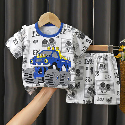 2024 New Kids Boys Girls Summer Pajamas Cute Cartoon Print Short Sleeve T-Shirt Tops with Shorts Toddler Baby Clothing Sets