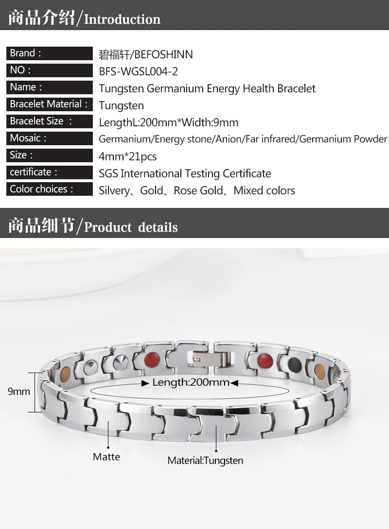 Befoshinn Tungsten Steel Women Jewelry Germanium Bracelets 4 in 1 Energy Stones Magnetic Therapy Luxury Bangles Gift for Girls