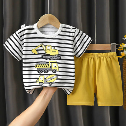 2024 New Kids Boys Girls Summer Pajamas Cute Cartoon Print Short Sleeve T-Shirt Tops with Shorts Toddler Baby Clothing Sets
