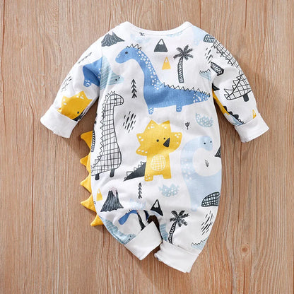 Spring And Autumn Boys And Girls Cartoon Dinosaur All Over 3d Cotton Long Sleeve Baby Clothing Bodysuit