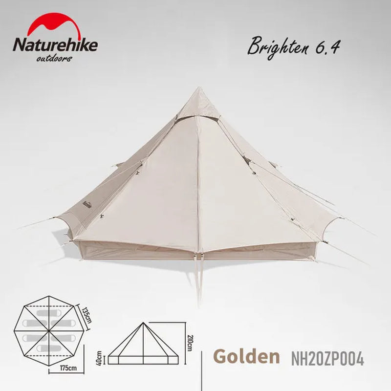 Cotton Pyramid Tent Brighten 6.4㎡ 3-4 Person Breathable Waterproof 1000Mm Windproof Outdoor Camping Travel 15.2Kg