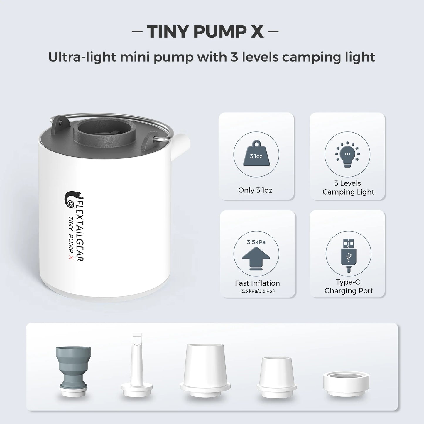 TINY PUMP X - Portable Electric Air Pump with Camping Light Rechargeable for Pool Floats Air Mattress Vacuum Bags